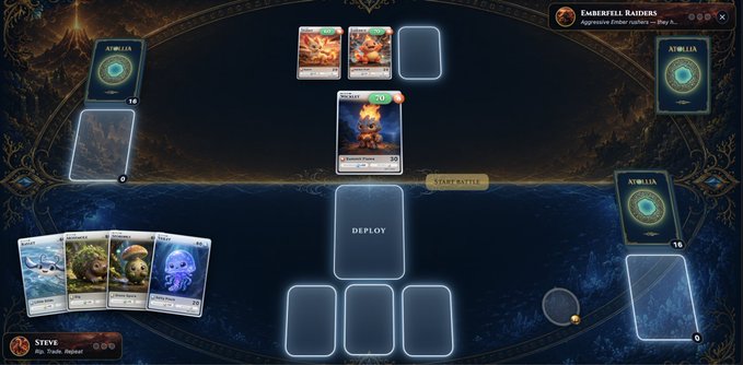 Screenshot of a digital card game in progress, showing a battlefield layout with character cards, a 'DEPLOY' action area, and players labeled 'STEVE' and 'EMBERFELL RAIDERS'.