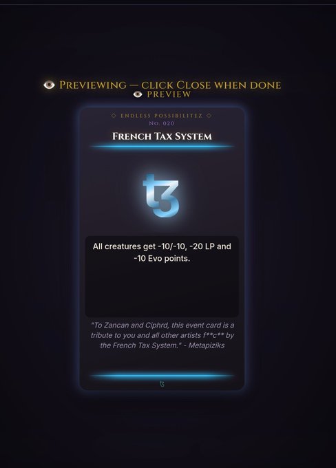 A digital trading card titled 'FRENCH TAX SYSTEM' from the 'ENDLESS POSSIBILITEZ' set, noting 'No. 020' and stating 'All creatures get -10/-10, -20 LP and -10 Evo points,' with a tribute message to Zancan and Clphrd.