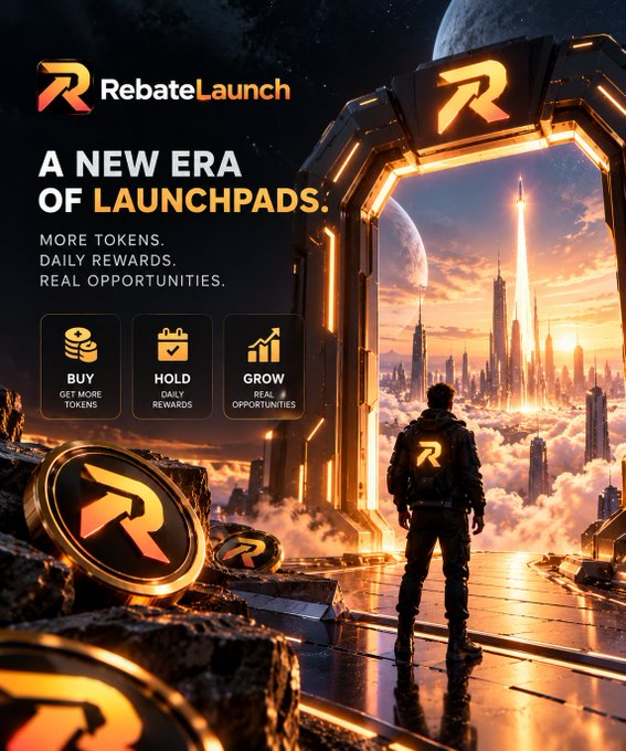 A promotional graphic for RebateLaunch titled 'A NEW ERA OF LAUNCHPADS' featuring a futuristic sci-fi scene with a person looking toward a cityscape through an archway, highlighting benefits: Buy (get more tokens), Hold (daily rewards), and Grow (real opportunities).