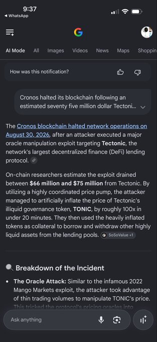 Google AI Mode search result about the Cronos blockchain halting operations following an estimated $75 million Tectonic exploit due to an oracle manipulation attack on August 30, 2026.