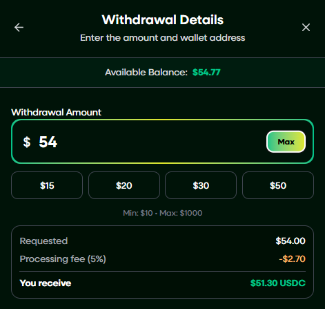 A cryptocurrency withdrawal details screen showing an available balance of $54.77, with a withdrawal amount of $54 entered, resulting in a $2.70 processing fee and $51.30 USDC received.