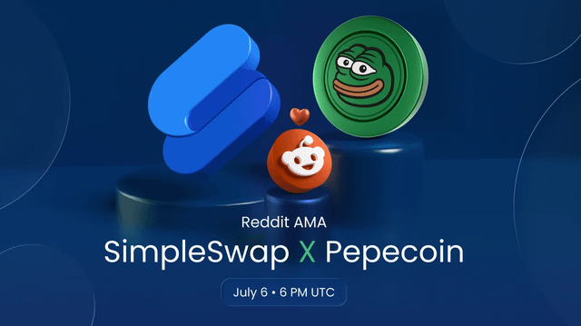 A promotional graphic for a Reddit AMA event featuring the SimpleSwap and Pepecoin logos alongside the Reddit mascot, with text announcing "SimpleSwap X Pepecoin" and "July 6 • 6 PM UTC," matching the post announcing that the 2-hour AMA has started.