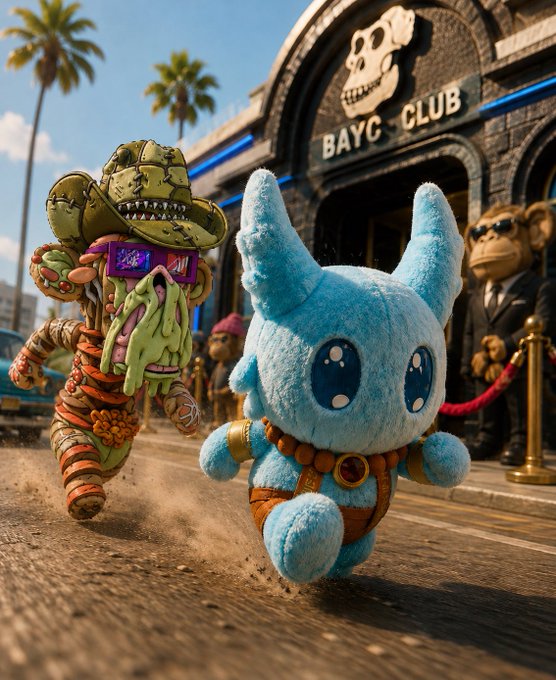 The image features a blue stuffed animal running down a street, with a person wearing sunglasses standing next to it. The background includes an arcade-like building and palm trees, suggesting that they are in a tropical location or theme park setting. There is also text on the image that reads "I bought 5 NFTs on the secondary market to help support BAYC’s first RWA project 昨天太卡啦,就mint了2个，今天经筑哥一洗脑 二级市场又买了5个 等一波起飞". This text is related to the main subject of the image, as it suggests that someone has purchased five NFTs for a project involving stuffed animals and an arcade-like setting.
The person wearing sunglasses appears to be running after the blue stuffed animal, possibly trying to catch up with it or simply enjoying the chase.
