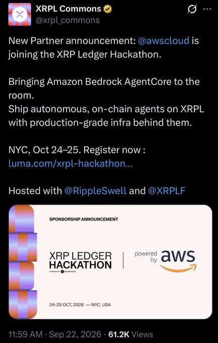 A Twitter/X post from XRPL Commons (@xrpl_commons) announcing that AWS (@awscloud) is joining the XRP Ledger Hackathon, scheduled for NYC on October 24-25, hosted with RippleSwell and XRPLF, including a sponsorship announcement graphic.