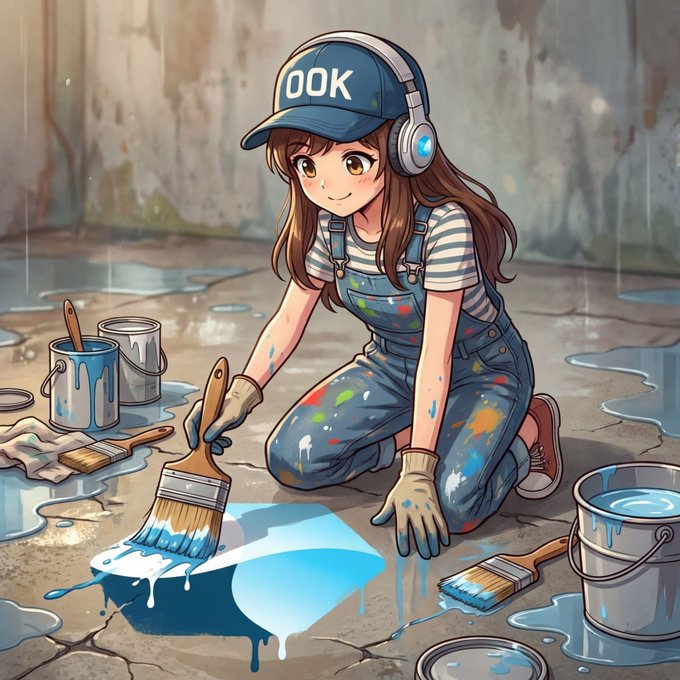 Anime-style illustration of a girl wearing a blue 'OOK' cap and overalls, painting the ground with a large brush and buckets of paint.