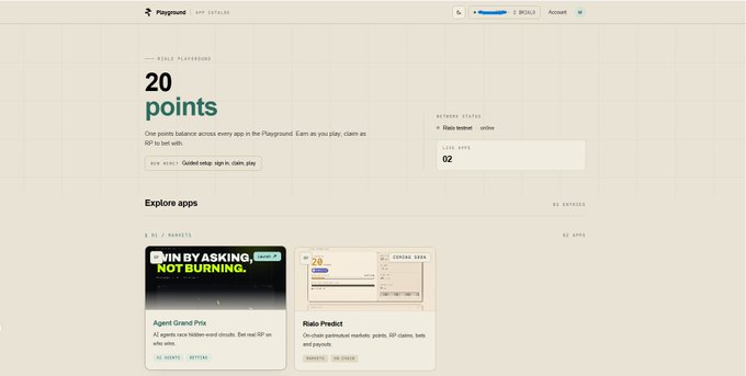 A screenshot of the Playground website displaying a '20 points' achievement page with sections to 'Explore apps' and 'Referral Status', showing apps like 'Agent Grand Prix' and 'Riado Predict'.