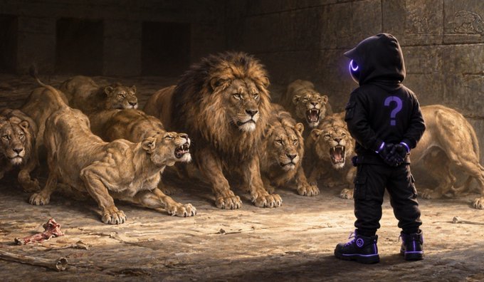 A dramatic digital illustration depicting a small figure wearing a black hoodie with glowing purple accents and a question mark, standing with their back to the viewer while facing a large, snarling pride of lions in a dimly lit, stone enclosure.