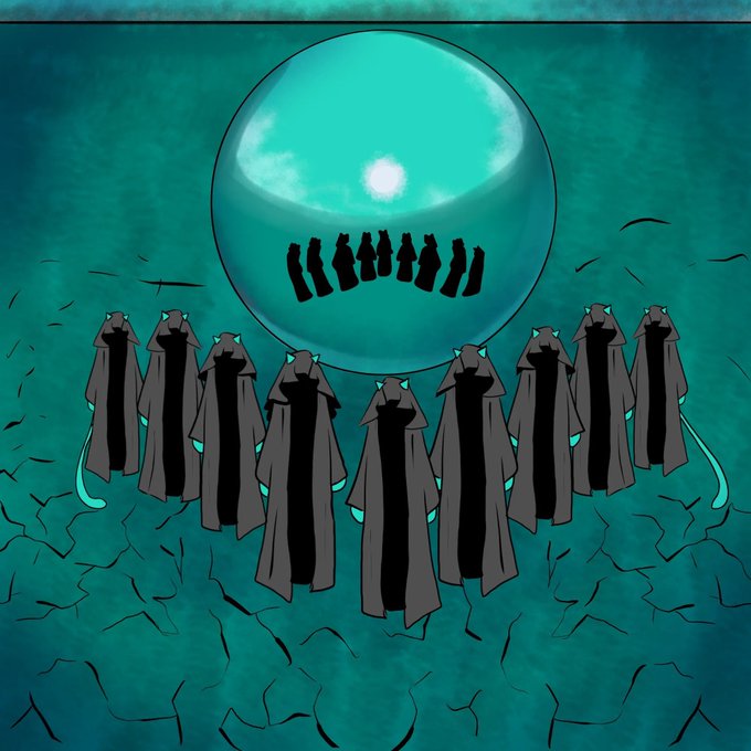A group of silhouetted, cat-like figures in dark cloaks gather around a glowing teal orb that reflects their shadowy forms, set against a cracked teal background. The image visually echoes the post's caption by symbolizing a "cult-like" loyalty and unity around Hyperliquid, framed as the "only green chain I love."