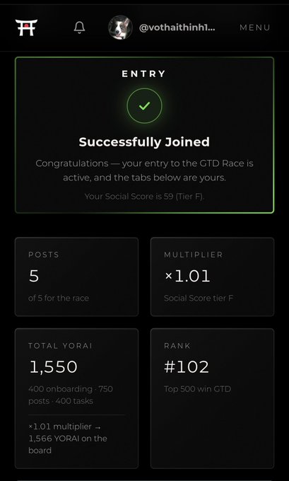 A mobile app screen showing "Successfully Joined" the GTD Race with stats: 5 posts, 1.01 multiplier, 1,550 Total Yorai, and rank #102 for user @vothaithinhhi.