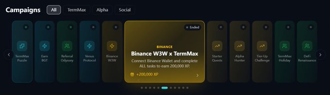 The image shows a screen with a horizontal row of different options, along with a banner at the top displaying the title "Campaigns" and an option for users to click "Alpaca", which appears to be a part of the campaign. The text in the image includes terms like "TermMax", "DeFi", and "Alpaca". Furthermore, there is another image featuring a cartoon character with a "GT" on it.
