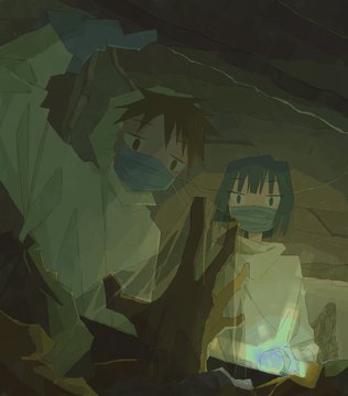 A digital illustration of two anime-style characters in dark, hooded garments and face masks in a dimly lit, greenish setting, one holding a glowing object.