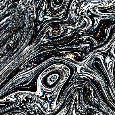 An abstract, swirling pattern of black, white, and gray with subtle hints of blue and gold, resembling a marbled or liquid texture.