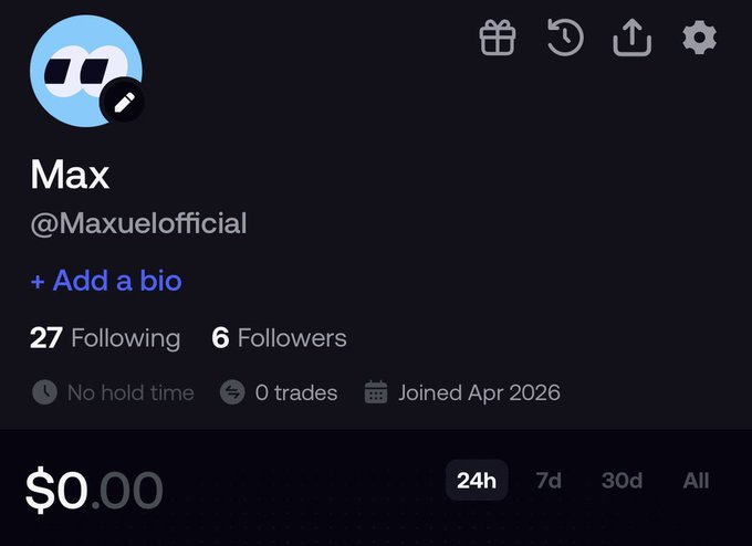 A screenshot of a Fomo.app profile for user "Max" (@Maxuelofficial) showing 27 following, 6 followers, 0 trades, no hold time, $0.00 balance, and a join date of April 2026.