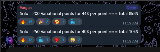 Two Telegram messages from user 'Vargan' showing sales of Variational points (200 points for 8k$ and 250 points for 10k$) with various emoji icons attached.