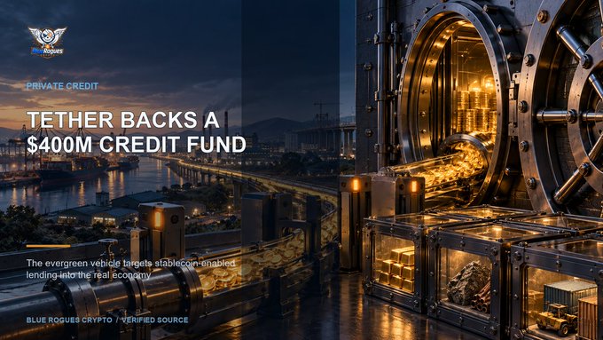 A graphic from Blue Rogues Crypto features a nighttime industrial cityscape with a massive open bank vault spilling gold coins, overlaid with the headline "PRIVATE CREDIT: TETHER BACKS A $400M CREDIT FUND," visually emphasizing the article's announcement of a $400 million stablecoin-backed lending fund through Tether and Fasanara's StableFund.