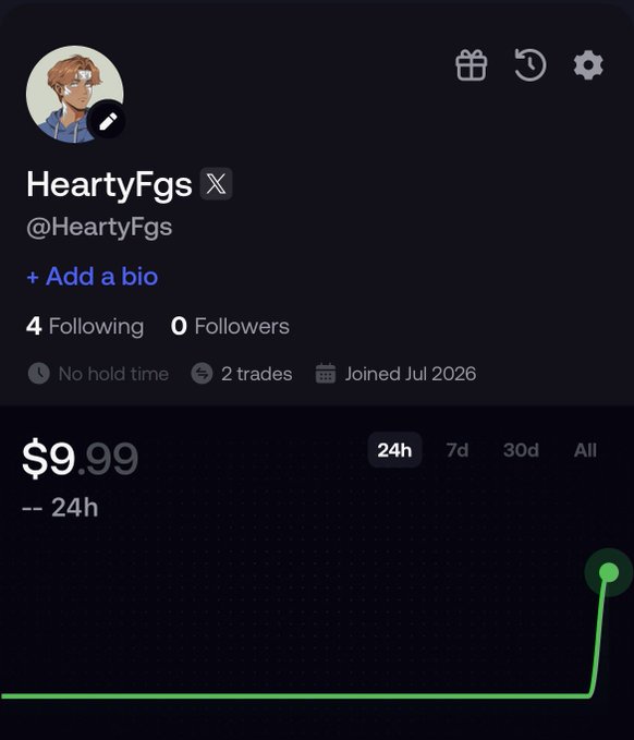 Trading profile screenshot for user 'HeartyFgs' (@HeartyFgs) showing 4 following, 0 followers, 2 trades, joined Jul 2026, with a portfolio value of $9.99 displaying a flat 24h chart.