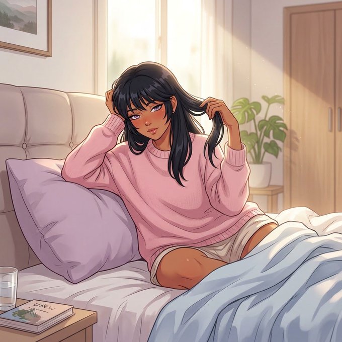 An anime-style illustration of a dark-haired girl in a pink sweater sitting on a bed with light blue sheets, playing with her hair in a sunlit bedroom with a plant and wardrobe visible.