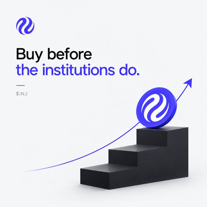 A promotional graphic for $INJ (Injective) with text 'Buy before the institutions do.' showing a blue coin on black stairs with an upward arrow.