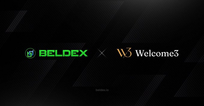 A dark promotional graphic showing a collaboration between 'BELDEX' and 'Welcome3' with the URL 'beldex.io' displayed below.