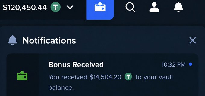 A notification panel displays a "Bonus Received" alert showing $14,504.20 T (Tether) added to a vault balance, bringing the total balance to $120,450.44. The image supports the post by providing visual proof of receiving a Stake.com bonus, serving as evidence for the giveaway announcement.