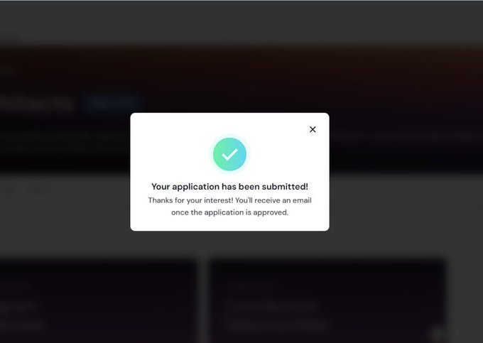 A pop-up modal displays a green checkmark icon with the message "Your application has been submitted! Thanks for your interest! You'll receive an email once the application is approved," relating to the post about submitting an application to join Arc as an architect before the mainnet launch.