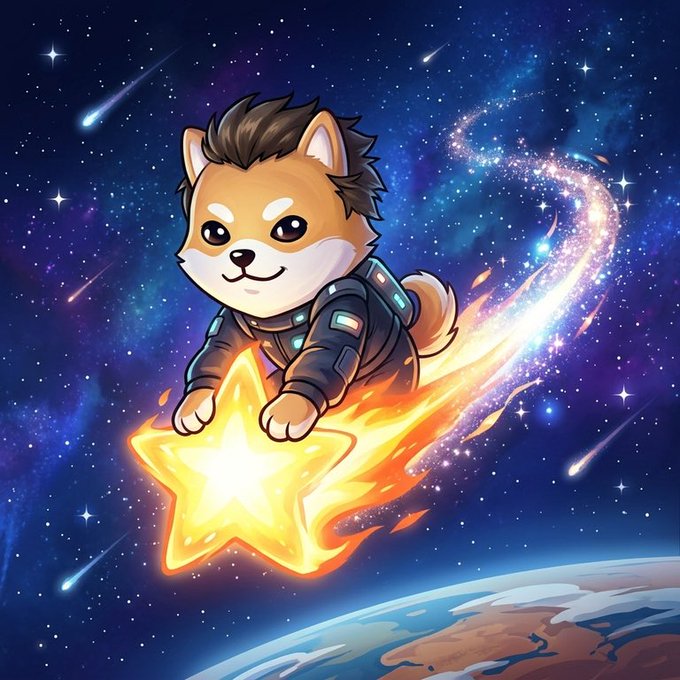 A digital illustration of a cartoon Shiba Inu dog wearing a space suit, riding a glowing yellow star through a cosmic background filled with shooting stars, planets, and nebulae.