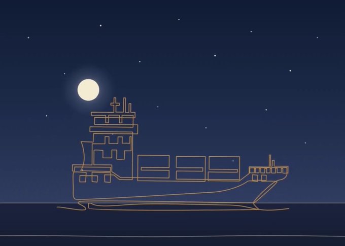 A stylized line-art illustration depicts a cargo ship sailing across calm waters under a dark night sky, illuminated by a glowing full moon and scattered stars. The image visually reinforces the post's focus on SeaVerity, a maritime intelligence layer, by showcasing the very type of vessel such a system would monitor.