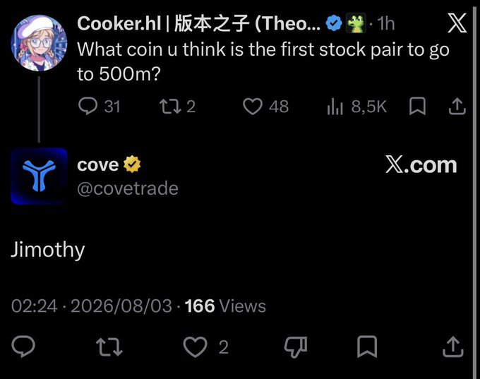A Twitter/X post by 'Cooker.hl' asks 'What coin u think is the first stock pair to go to 500m?' with a quoted reply from 'cove' (@covetrade) simply stating 'Jimothy'.