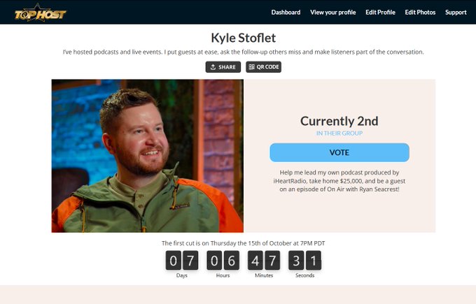A profile page for Kyle Stoflet on the TopHost platform shows he is 'Currently 2nd' in his group for a podcast hosted by iHeartRadio's Ryan Seacrest, with a countdown timer to the first cut.