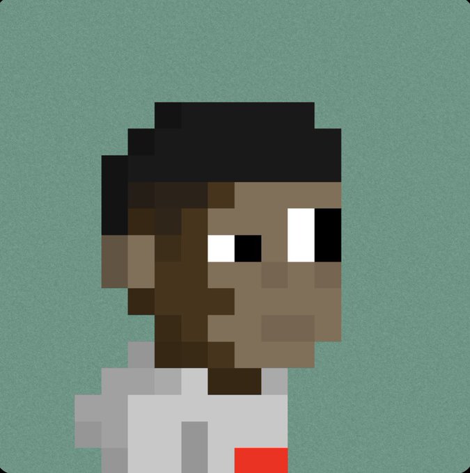 A pixel art portrait of a dark-skinned character with short dark hair and large white eyes, wearing a grey shirt with a red accent, on a teal background.