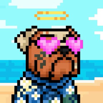 A pixel art image of a bear wearing heart-shaped sunglasses and a Hawaiian shirt on a beach.