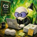 A small pixel-art style illustration of a character with a green mask and black hoodie typing on a laptop surrounded by gold coins and cash.