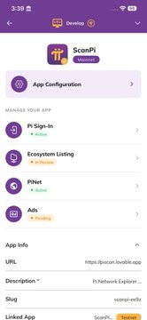 The image shows the redesigned developer.pi platform interface within the Pi Browser, featuring a clean layout with the ScanPi app and a new "App Configuration" button at the top, followed by sections for managing your app including PI Sign-Ins (1 Apps), Ecosystem Listing (3 Buzzes), PiNet (Active), and Ads (3 Inactive), plus App Info details. The accompanying post highlights the smooth, reorganized interface that makes app management easier and faster for Pi Network developers.