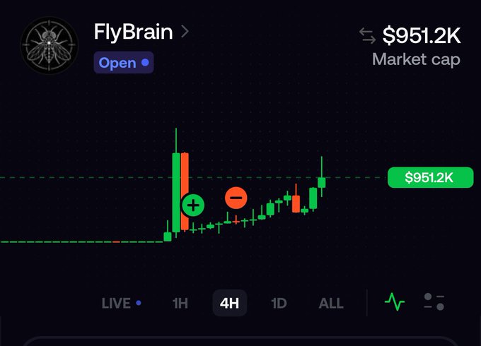 A cryptocurrency chart displays the token 'FlyBrain' with an 'Open' status, showing a current market cap of '$951.2K' on a 4-hour timeframe with green and red candlesticks.