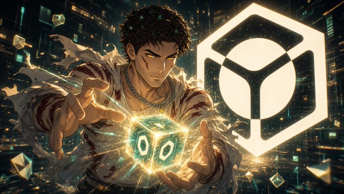 An anime-style digital illustration of a man with glowing golden eyes holding a glowing green cube, with a large white hexagonal logo behind him in a cyberpunk setting.