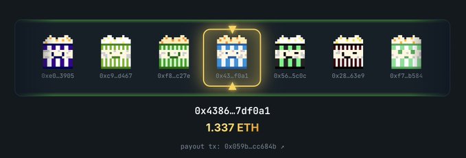 A highlighted interface displays a row of pixelated calendar icons with the center one (0x43...f0a1) selected with yellow arrows, below which the payout details read "0x4386...7df0a1, 1.337 ETH" and a transaction link "payout tx: 0x059b...cc684b," illustrating the 1.337 ETH jackpot payout to a random holder mentioned in the post.