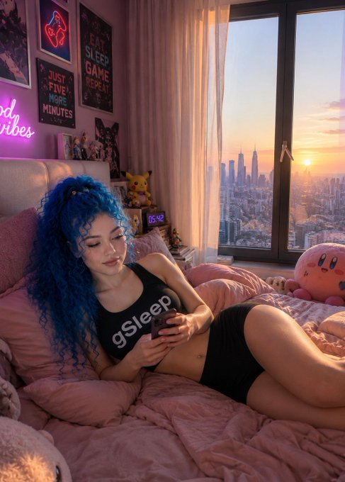 A young woman with vibrant curly blue hair wearing a black 'gSleep' tank top and shorts lies on a pink bed, looking at her phone, with a neon-lit cityscape visible through a large window behind her.