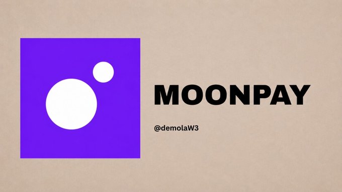 The image features the MoonPay logo (a purple square with two white circles) alongside the text "MOONPAY" and "@demolaW3" on a tan background, showcasing MoonPay as one of the wallet contenders in a community poll about which crypto wallet has the best user interface.