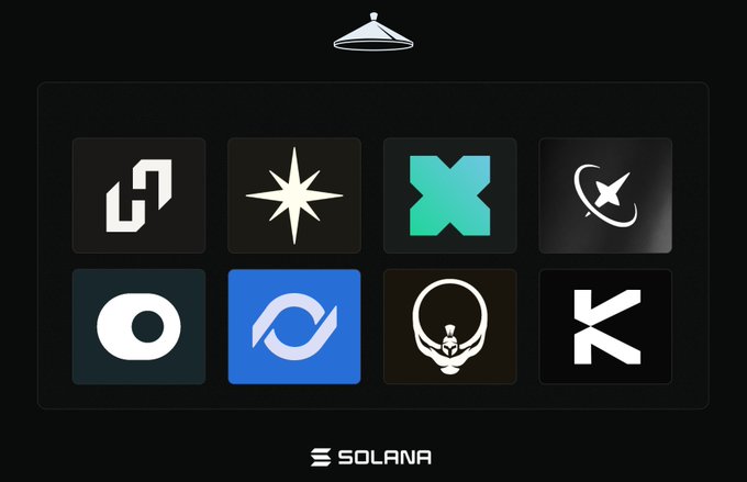 A grid of 8 cryptocurrency platform logos is displayed under a UFO icon, with the "SOLANA" wordmark at the bottom. The logos represent various Solana-based DeFi and airdrop platforms—likely Titan, xStocks, Hylo, Kast, Onre, Loopscale, Xplace, and Bulk—corresponding to the airdrop points checklist mentioned in the post.
