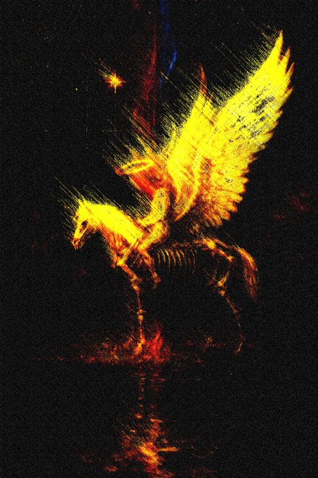 A dramatic painting of a fiery, glowing winged horse and rider rising from darkness, with bright yellow and orange brushstrokes depicting wings and flames against a black background.