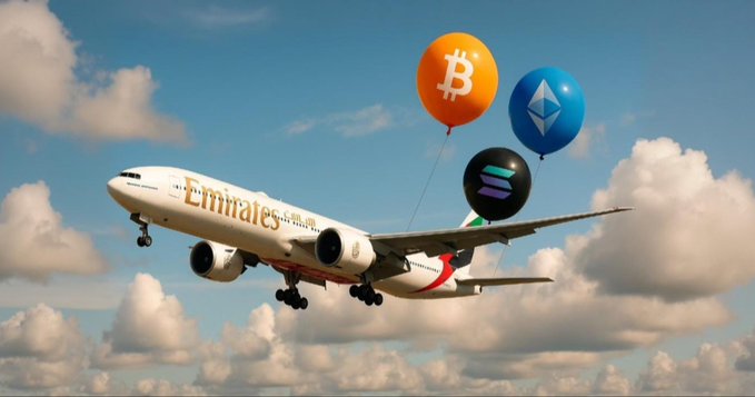 An Emirates passenger airplane flies through a cloudy sky, pulled by three balloons displaying the Bitcoin, Ethereum, and Solana cryptocurrency logos.