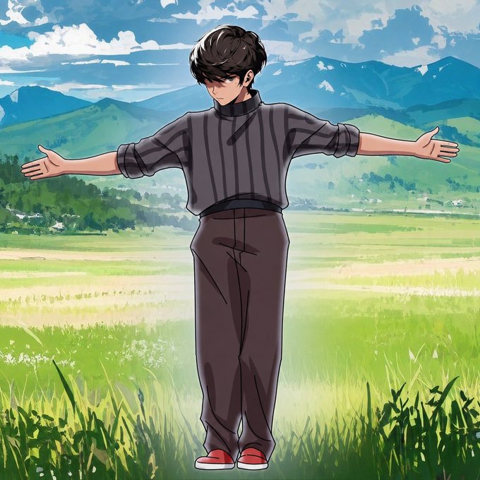 An anime-style illustration of a young man with dark hair wearing a striped sweater and grey pants, standing with arms outstretched in a grassy field with mountains in the background.