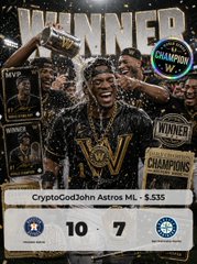 The image celebrates the Houston Astros' 10-7 victory, showing players celebrating with a trophy while holding "WINNER" and "CHAMPIONS" placards. The caption highlights that CryptoGodJohn shared the Astros ML bet at $0.535 with @WealthGroup before the team secured the win, tying the promotional sports betting result to the celebratory championship scene.