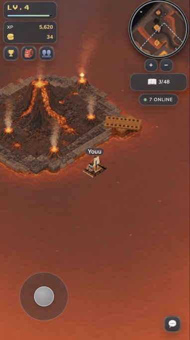 A mobile game screenshot showing a volcanic island biome with erupting volcanoes, lava flows, and a player marker labeled "You" surrounded by reddish water, with UI elements displaying "LV. 4", "XP 5,620", and "7 ONLINE." The fiery landscape visually represents the new volcanic biome teased in the upcoming $ISLES update.
