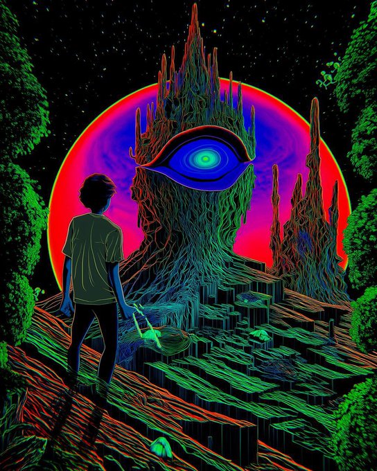 A vibrant neon-colored illustration of a person looking at a large eye within an alien tree structure against a red and purple planet in a starry sky.