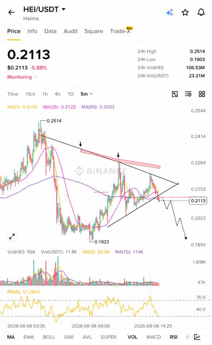 A Binance candlestick chart for the HEI/USDT trading pair, priced at $0.2113 (-5.88%), showing technical analysis including a descending triangle pattern, MA(7)/MA(25)/MA(99) indicators, and projected price targets down to $0.1893, supporting the post's claim that HEI is consolidating after volatility with a potentially aggressive move ahead.