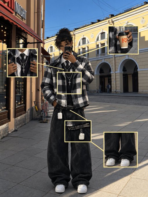 A street style photo of a person wearing a black and white plaid flannel shirt, dark baggy pants, and white sneakers, with inset close-up boxes highlighting details like layered silver cross necklaces, an AirPods case, a chain accessory, and an iced coffee cup.