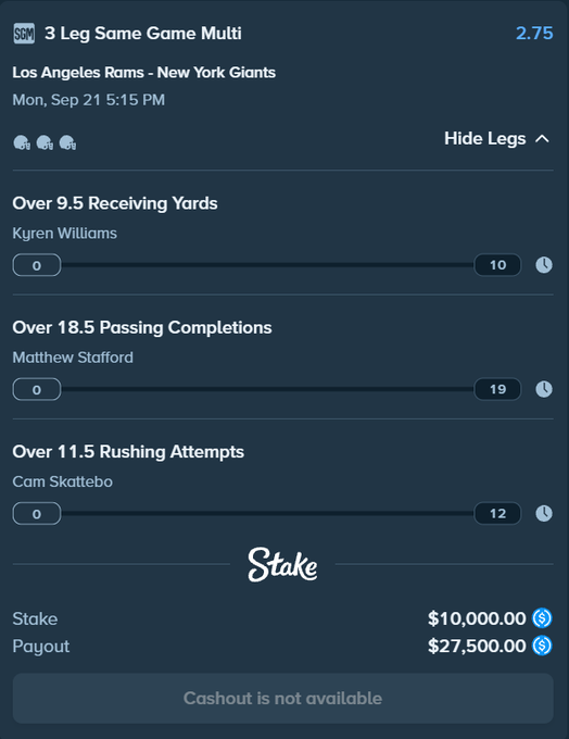 A Stake.com screenshot displays a 3-leg same-game multi bet on the Rams vs. Giants Monday Night Football matchup (Sept 21, 5:15 PM), featuring Kyren Williams Over 9.5 Receiving Yards, Matthew Stafford Over 18.5 Passing Completions, and Cam Skattebo Over 11.5 Rushing Attempts, with a $10,000 stake yielding a $27,500 potential payout.