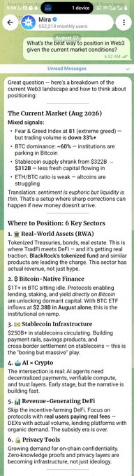 An Instagram post by '1devin' from Mira(@1stworld users) with 232,219 monthly users, answering a question about Web3 positioning and detailing 6 key sectors: Real-World Assets (RWA), Bitcoin-Native Finance, Stablecoin Infrastructure, AI + Crypto, Revenue-Generating DeFi, and Privacy Tools.