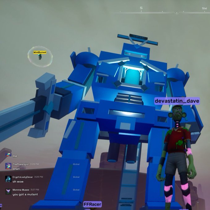 A screenshot from a video game featuring a large blue mech and a green-skinned mutant character named 'devastatin_dave' with the username 'FFRacer,' alongside a chat log mentioning 'Momma Musee' getting a mutant.